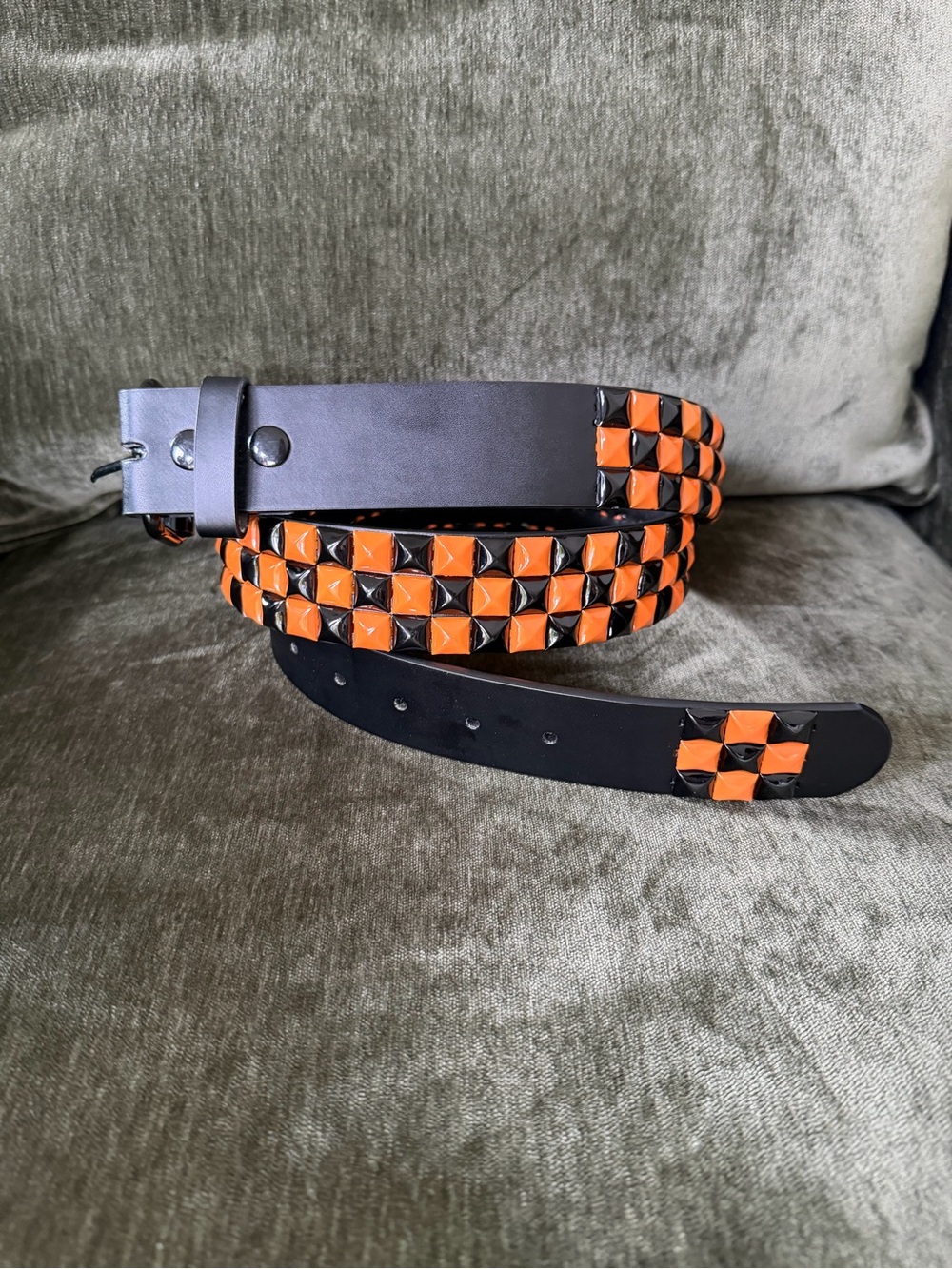 Hot Topic Black Leather Belt with Orange Pyramid Studs